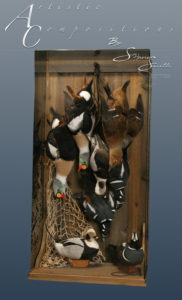 St Paul Island hanging game presentation with netting and decoy style mounts en cased in glass